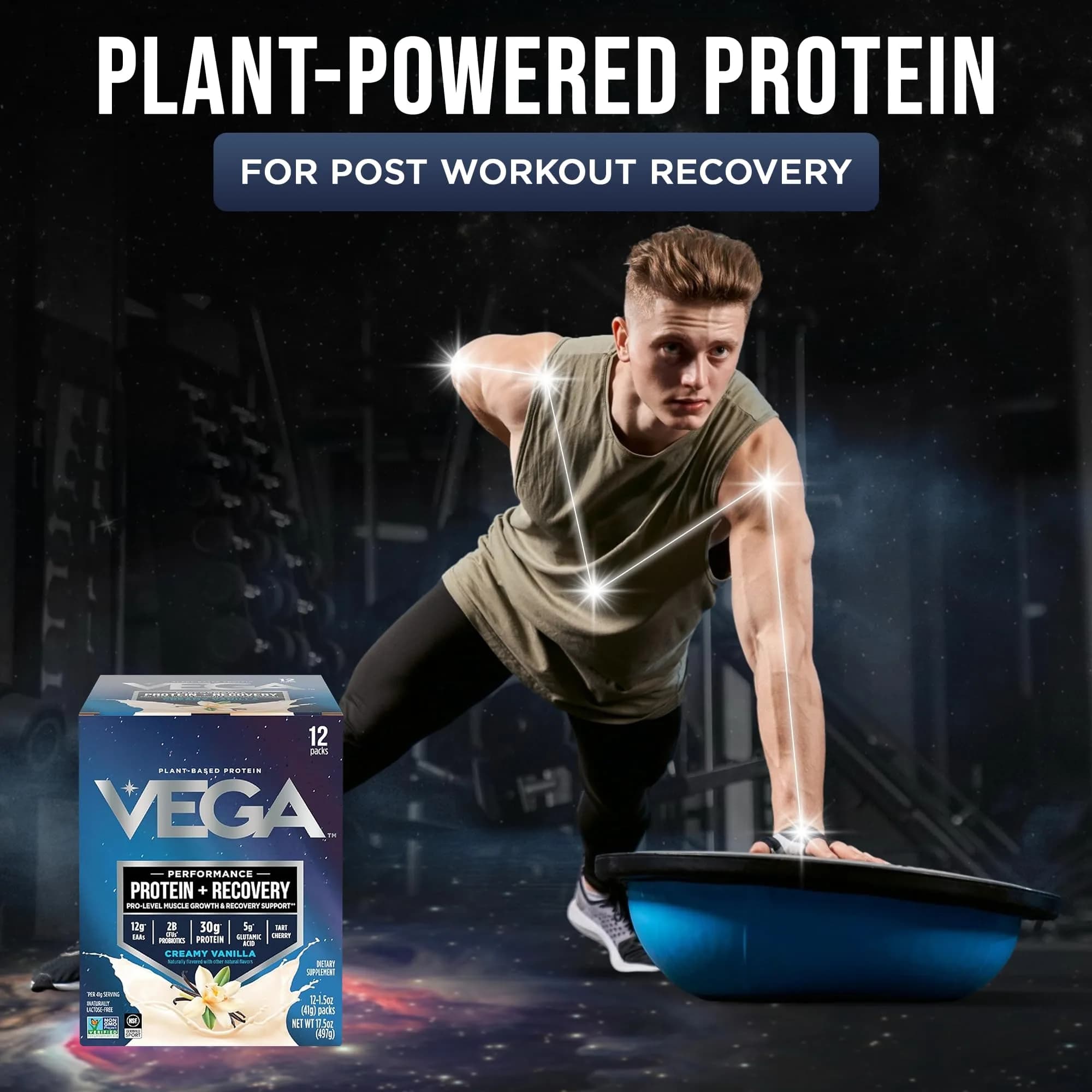 Vega Protein + Recovery Vanilla 12 x 1.6 oz - NSF Certified Plant-Based Protein Powder - view 2