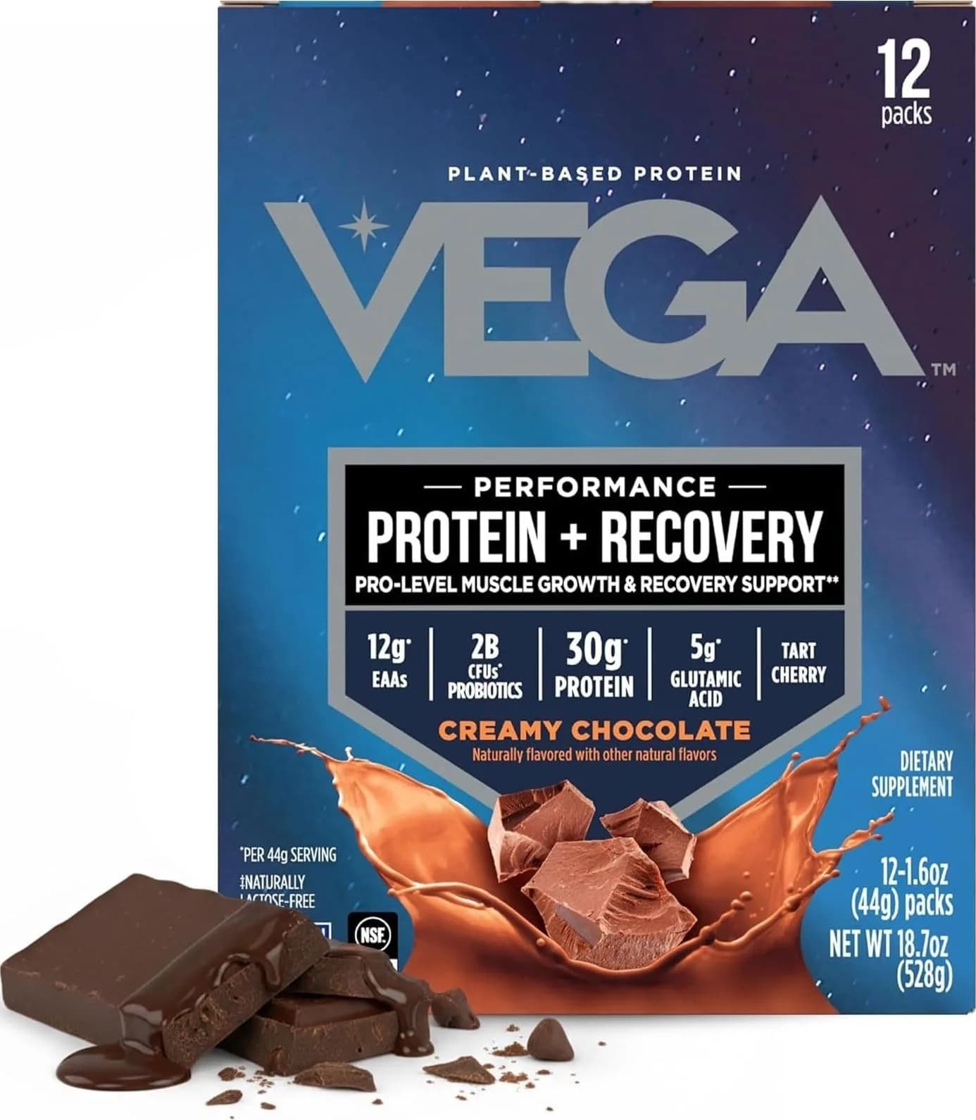 Vega Protein + Recovery Chocolate 12 x 1.6 oz Packets | NSF Certified Vegan Muscle Recovery Supplement - main product image