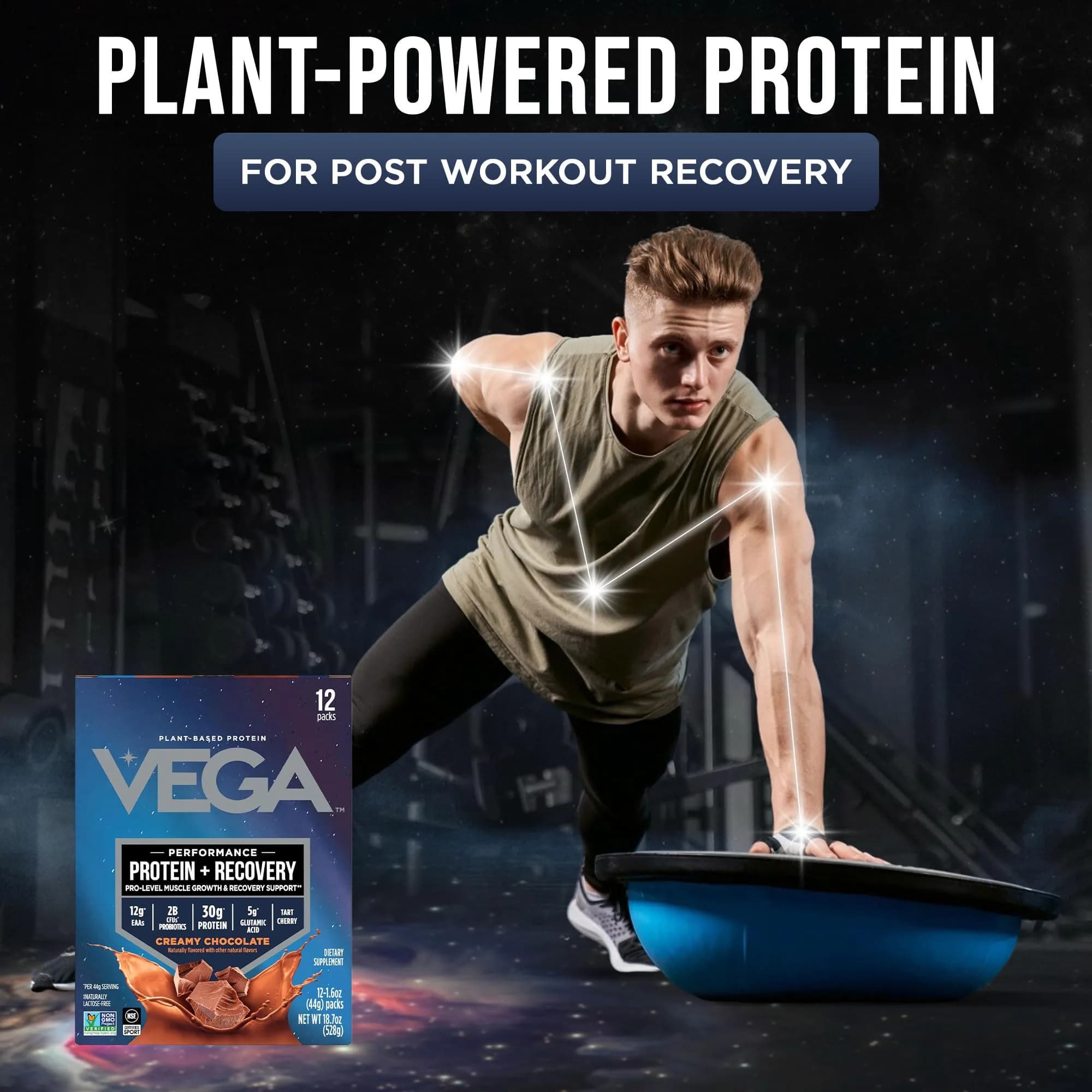 Vega Protein + Recovery Chocolate 12 x 1.6 oz Packets | NSF Certified Vegan Muscle Recovery Supplement - view 2