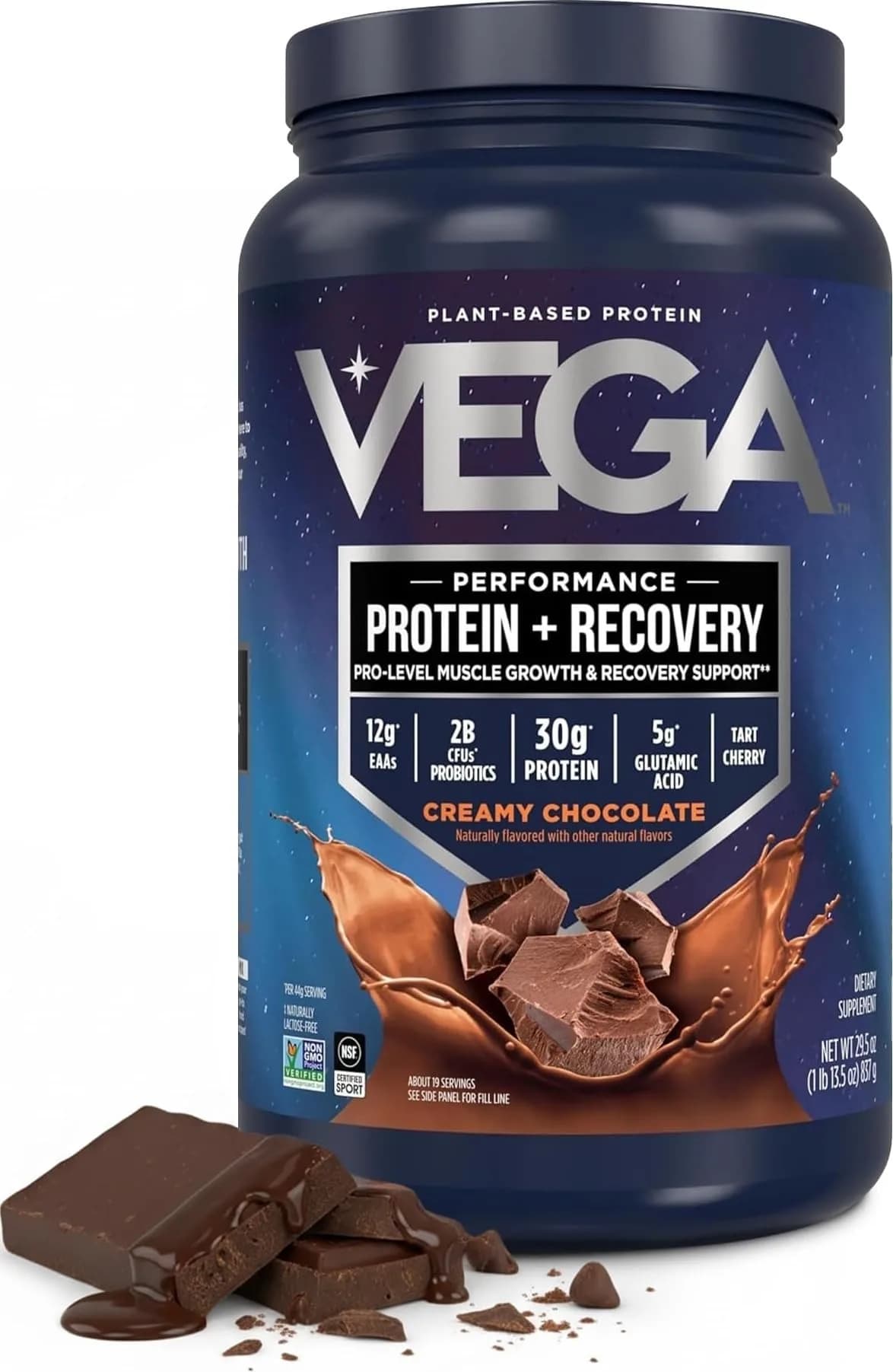 Vega Protein + Recovery Chocolate 816g (28.8 oz) | NSF Certified Plant-Based Protein for Muscle Recovery - main product image
