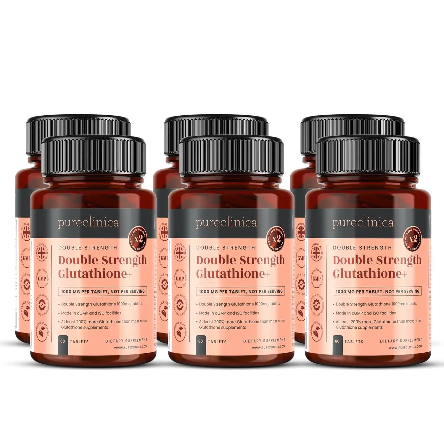 Pureclinica Glutathione 1000mg Tablets | High-Potency Antioxidant Support in 6 Bottles (360 Tablets)