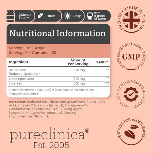 Pureclinica Glutathione 1000mg Tablets | High-Potency Antioxidant Support in 6 Bottles (360 Tablets) thumbnail 2