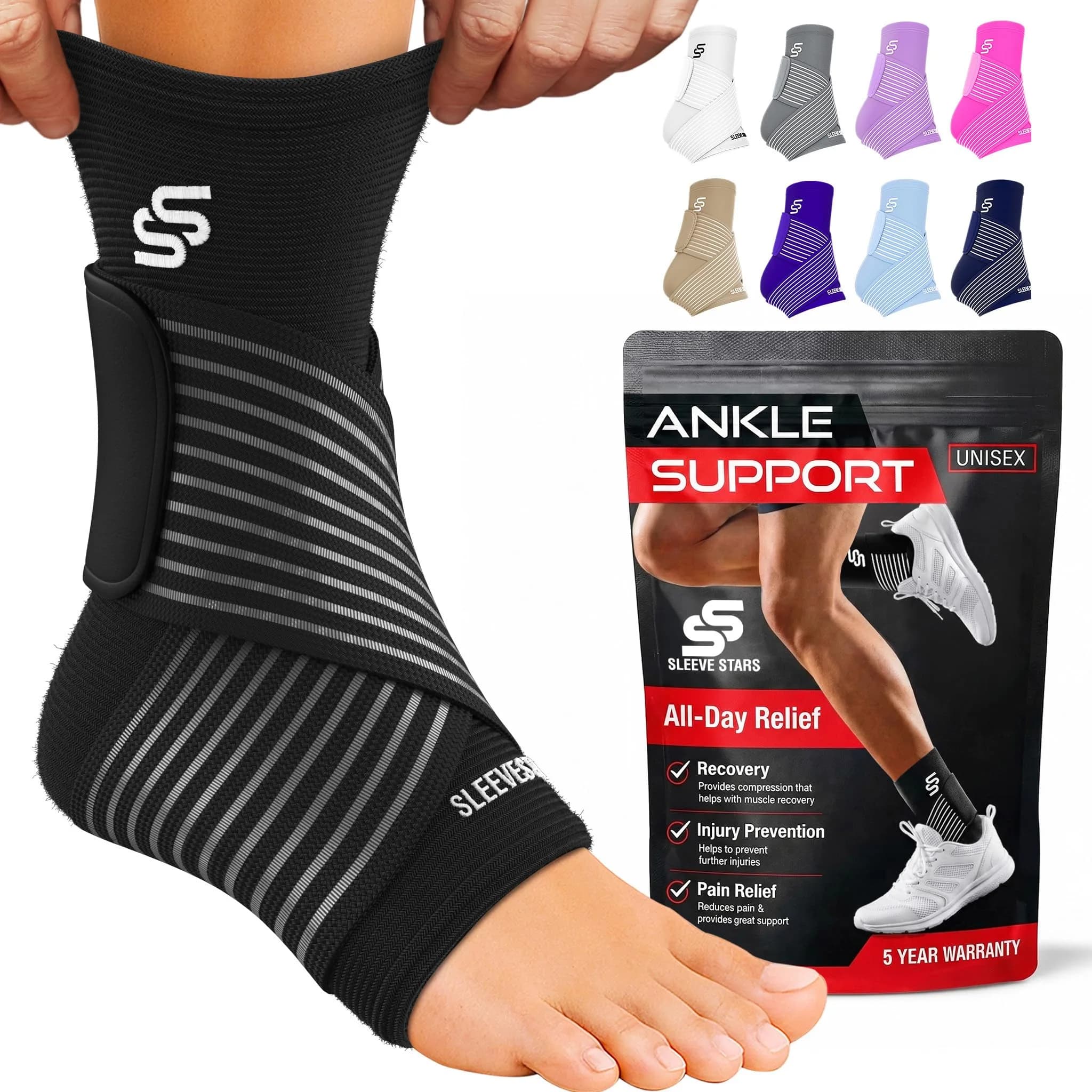 SS Sleeve Stars Black Adjustable Ankle Brace with Figure 8 Strap, Medium (10"-12") | FDA Approved Support for Sprains & Plantar Fasciitis — Black