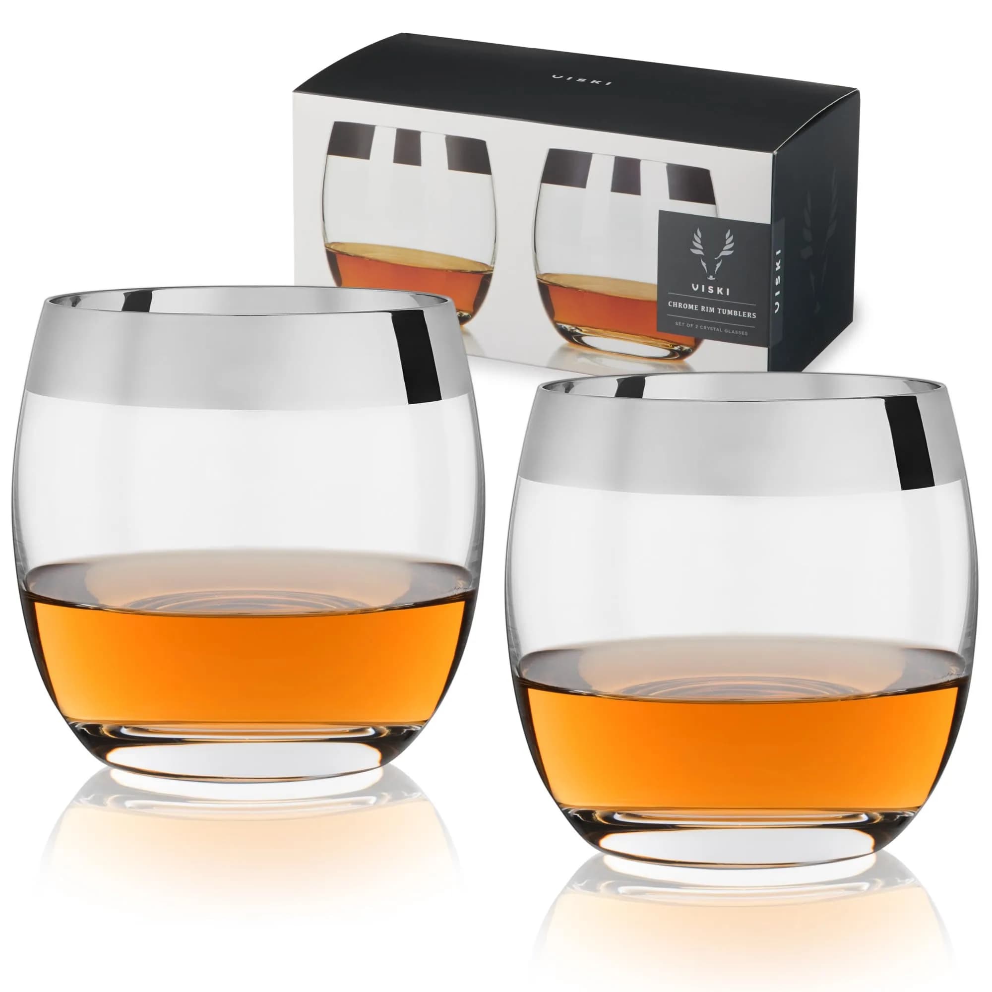 Viski Irving Chrome Rim Crystal Lowball Tumblers Set of 2 | 9 oz Premium Crystal Glass, Stylish Whiskey Glass Gift
