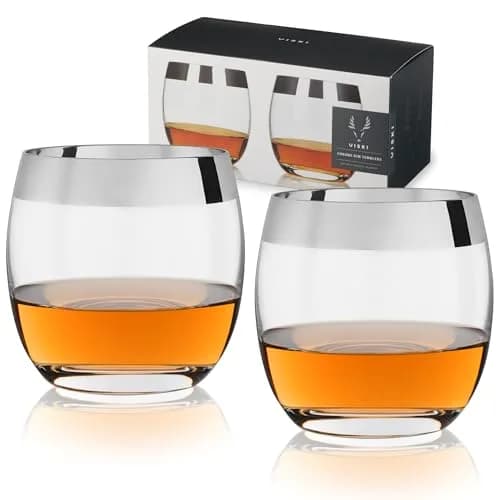 Viski Irving Chrome Rim Crystal Lowball Tumblers Set of 2 | 9 oz Premium Crystal Glass, Stylish Whiskey Glass Gift thumbnail 1