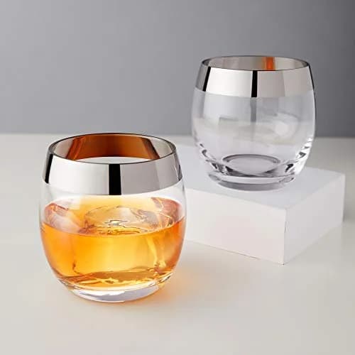 Viski Irving Chrome Rim Crystal Lowball Tumblers Set of 2 | 9 oz Premium Crystal Glass, Stylish Whiskey Glass Gift thumbnail 4