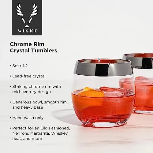 Viski Irving Chrome Rim Crystal Lowball Tumblers Set of 2 | 9 oz Premium Crystal Glass, Stylish Whiskey Glass Gift thumbnail 2