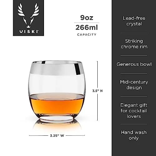Viski Irving Chrome Rim Crystal Lowball Tumblers Set of 2 | 9 oz Premium Crystal Glass, Stylish Whiskey Glass Gift thumbnail 3