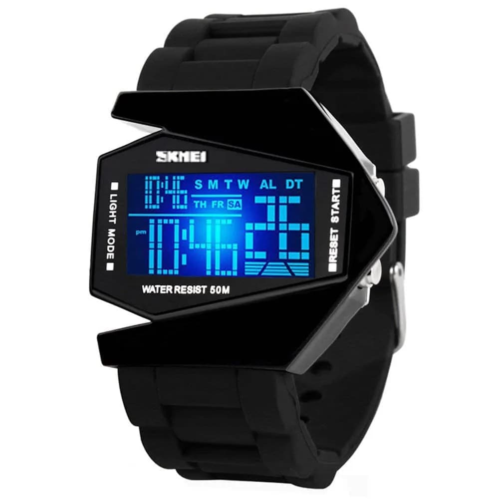 Gosasa Men's Digital Airplane Watch 47mm Case | Aviation-Inspired Design with LED Light — A- Black
