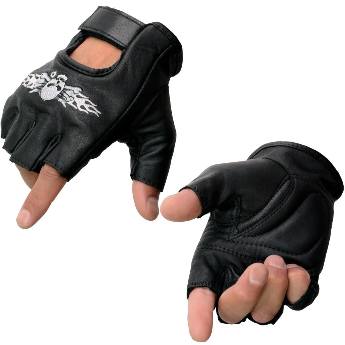 Milwaukee Leather SH353 Men's Black Leather Fingerless Motorcycle Gloves | Gel Padded Palm & Skull & Bones Embroidery