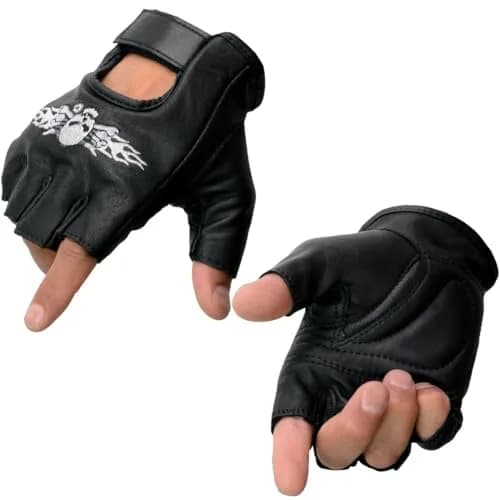 Milwaukee Leather SH353 Men's Black Leather Fingerless Motorcycle Gloves | Gel Padded Palm & Skull & Bones Embroidery thumbnail 1