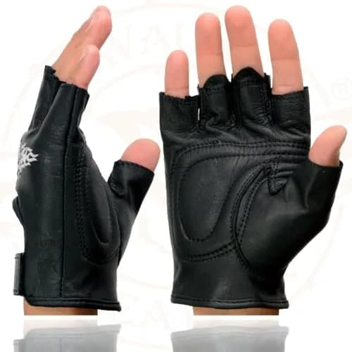 Milwaukee Leather SH353 Men's Black Leather Fingerless Motorcycle Gloves | Gel Padded Palm & Skull & Bones Embroidery thumbnail 4
