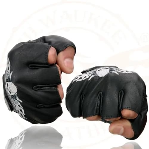 Milwaukee Leather SH353 Men's Black Leather Fingerless Motorcycle Gloves | Gel Padded Palm & Skull & Bones Embroidery thumbnail 5