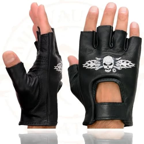 Milwaukee Leather SH353 Men's Black Leather Fingerless Motorcycle Gloves | Gel Padded Palm & Skull & Bones Embroidery thumbnail 2
