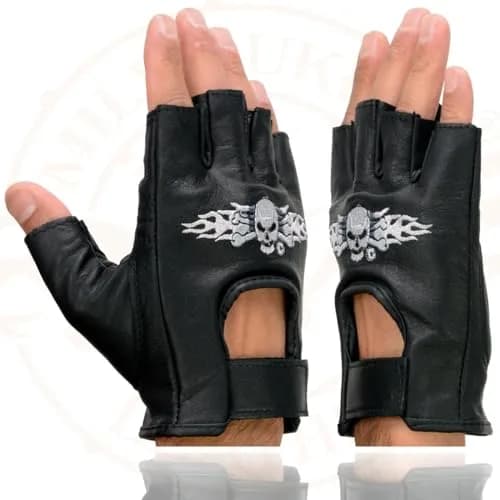 Milwaukee Leather SH353 Men's Black Leather Fingerless Motorcycle Gloves | Gel Padded Palm & Skull & Bones Embroidery thumbnail 3