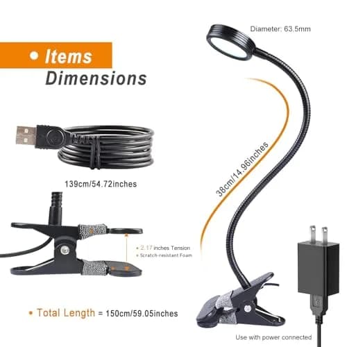 LEPOWER Clip on Light, Reading Lamp with Adjustable Gooseneck & Adapter, Black | 11 cm (4.33 in) x 7.5 cm (2.95 in) x 48.5 cm (19.1 in) thumbnail 5