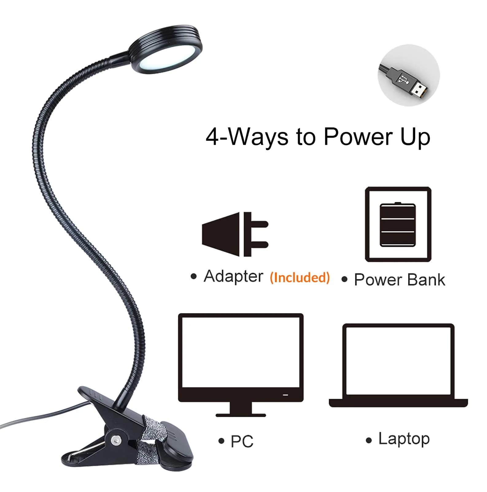 LEPOWER Clip on Light, Reading Lamp with Adjustable Gooseneck & Adapter, Black | 11 cm (4.33 in) x 7.5 cm (2.95 in) x 48.5 cm (19.1 in) - view 6