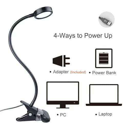 LEPOWER Clip on Light, Reading Lamp with Adjustable Gooseneck & Adapter, Black | 11 cm (4.33 in) x 7.5 cm (2.95 in) x 48.5 cm (19.1 in) thumbnail 6