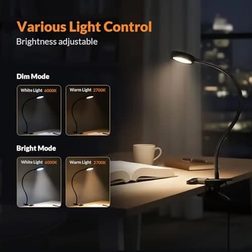 LEPOWER Clip on Light, Reading Lamp with Adjustable Gooseneck & Adapter, Black | 11 cm (4.33 in) x 7.5 cm (2.95 in) x 48.5 cm (19.1 in) thumbnail 2