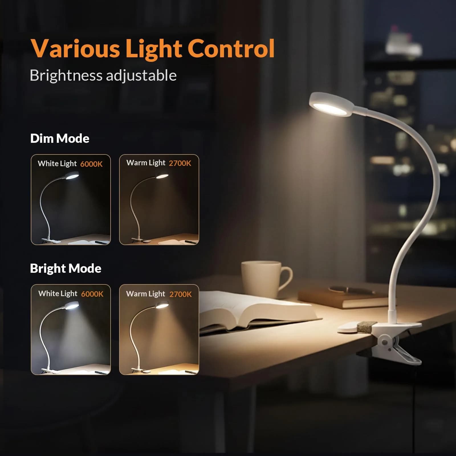 LEPOWER Clip-On Reading Lamp with Adjustable Gooseneck & Dual Light Modes, 2.17" Clip Width | Silver Metal Desk Lamp for Bedside & Study - view 2