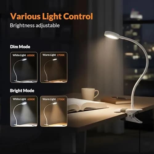 LEPOWER Clip-On Reading Lamp with Adjustable Gooseneck & Dual Light Modes, 2.17" Clip Width | Silver Metal Desk Lamp for Bedside & Study thumbnail 2