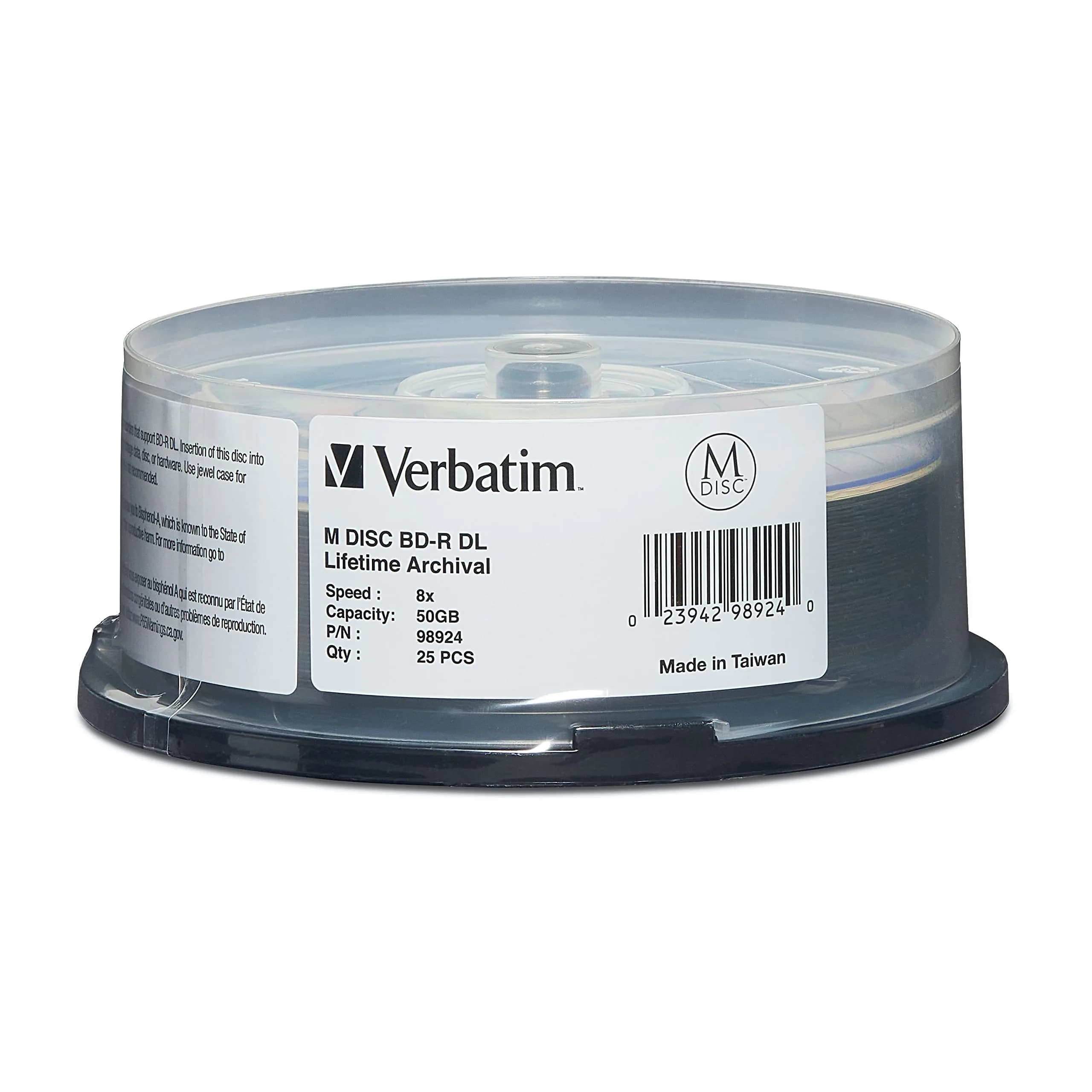 Verbatim M DISC BD-R DL 50GB 8X with Branded Surface | 25pk Spindle, White