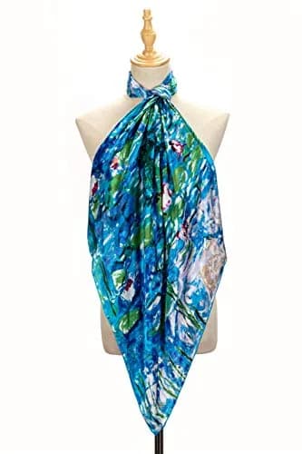 Salutto Women Square Scarf Silk Blue Lotus Virgin Printed Mulberry Silk Scarves | Artful Van Gogh Design (70-120 chars) thumbnail 2