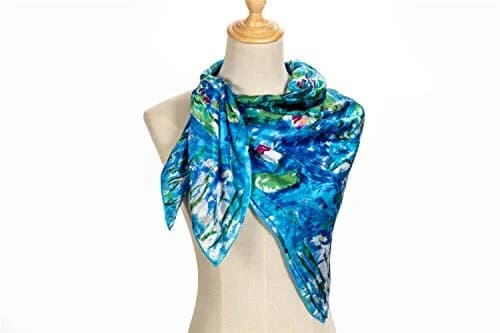 Salutto Women Square Scarf Silk Blue Lotus Virgin Printed Mulberry Silk Scarves | Artful Van Gogh Design (70-120 chars) thumbnail 3