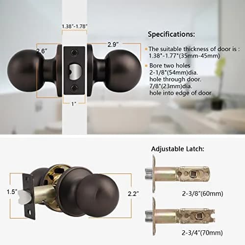 Probrico Passage Door Knobs without Key in Oil Rubbed Bronze, 1 Pack | Adjustable Latch for 2-3/8" or 2-3/4" Backset thumbnail 6