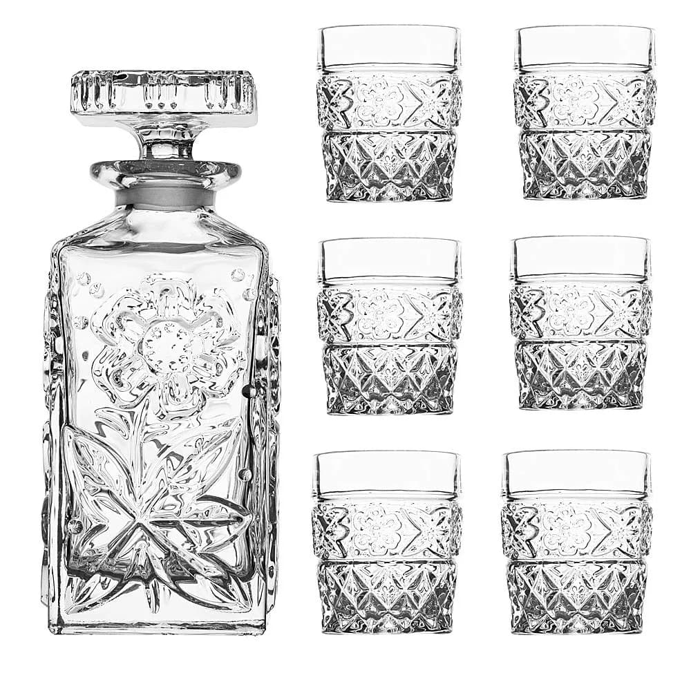 Amlong Crystal Flower Design Crystal Decanter and Glass Set, 7 Pieces | Elegant Floral Gift for Home & Entertaining - main product image