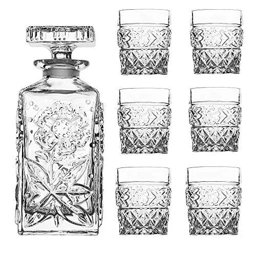 Amlong Crystal Flower Design Crystal Decanter and Glass Set, 7 Pieces | Elegant Floral Gift for Home & Entertaining thumbnail 1