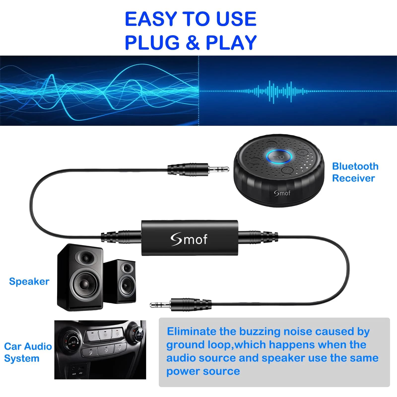 Smof Upgraded Ground Loop Noise Isolator with 3.5mm Cable, Black | Eliminates Buzzing Noise - view 8