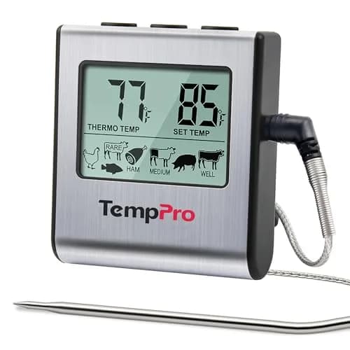 TempPro TP16 Large LCD Digital Meat Thermometer with Stainless Steel Probe | Cooks Meats Perfectly Every Time — 2.9 x 2.6 x 0.8 inches