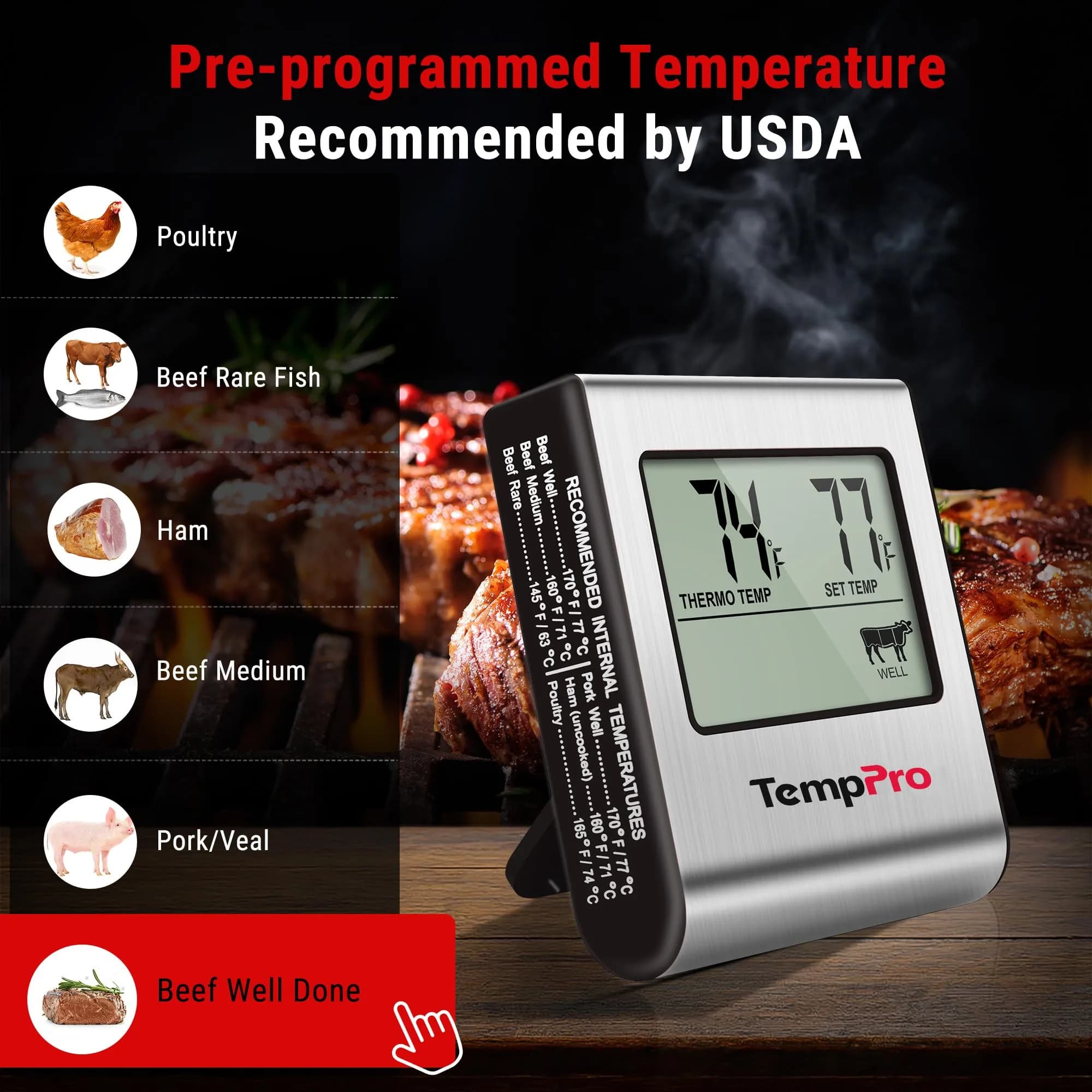 TempPro TP16 Large LCD Digital Meat Thermometer with Stainless Steel Probe | Cooks Meats Perfectly Every Time - view 5