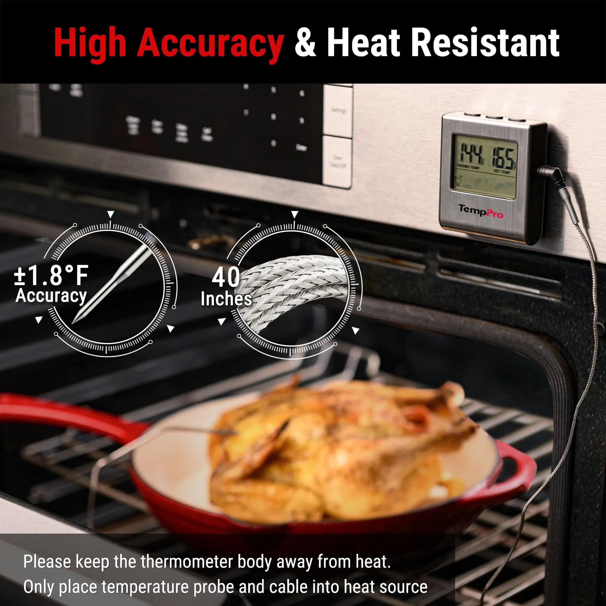 TempPro TP16 Large LCD Digital Meat Thermometer with Stainless Steel Probe | Cooks Meats Perfectly Every Time - view 2