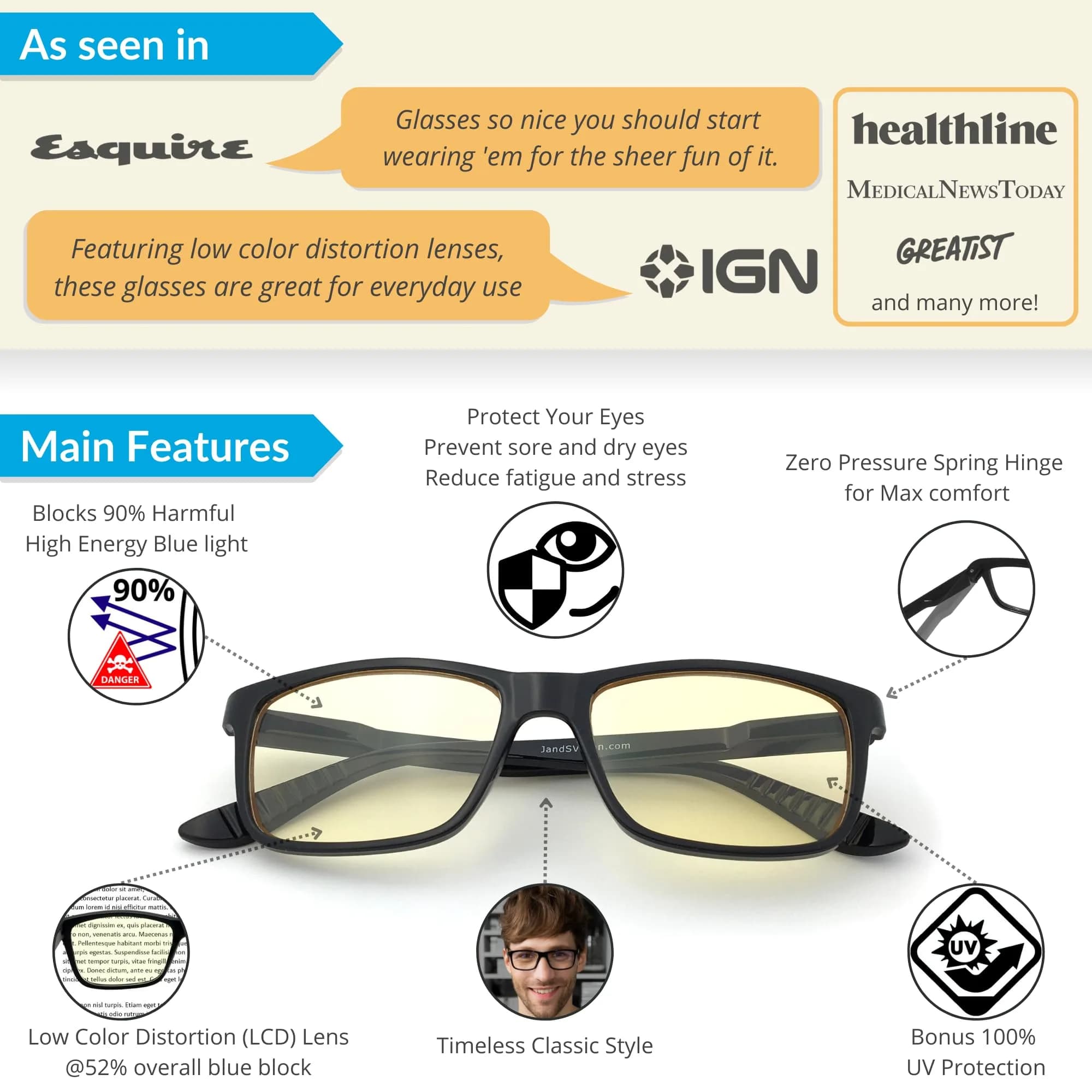 J+S Blue Light Blocking Glasses Rectangular Black Frame | 45mm Lens Width (1.77 in) - view 2