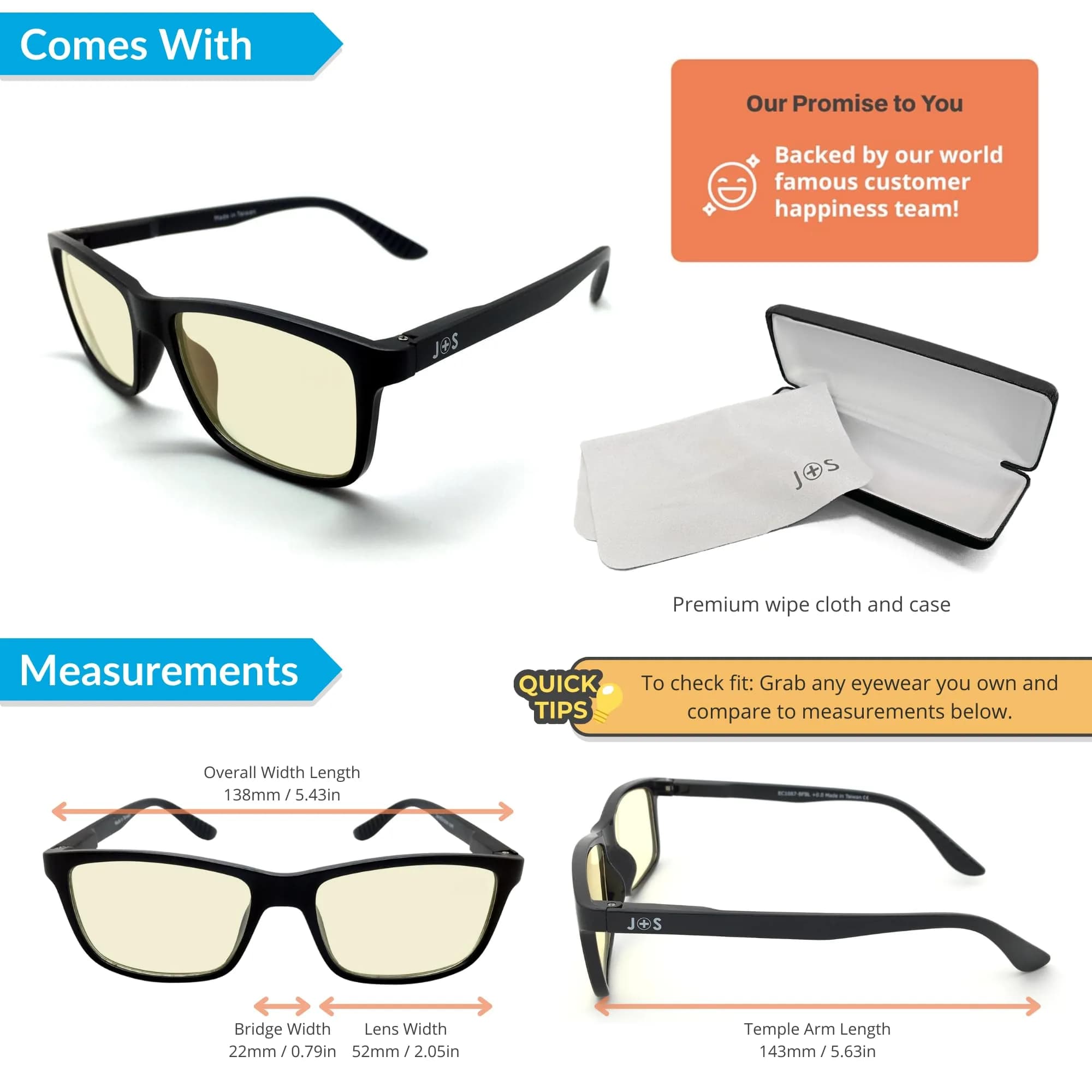 J+S Blue Light Blocking Glasses Rectangular Black Frame | 45mm Lens Width (1.77 in) - view 4
