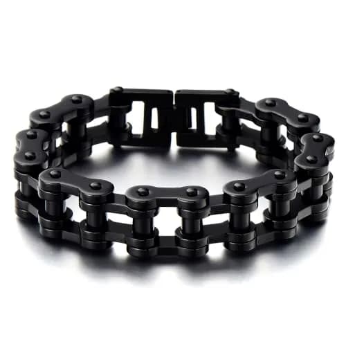 COOLSTEELANDBEYOND Masculine Mens Black Bike Chain Bracelet of Stainless Steel High Polished | Durable, polished finish, 23.5cm long, 146.8g weight thumbnail 1