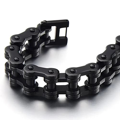 COOLSTEELANDBEYOND Masculine Mens Black Bike Chain Bracelet of Stainless Steel High Polished | Durable, polished finish, 23.5cm long, 146.8g weight thumbnail 5