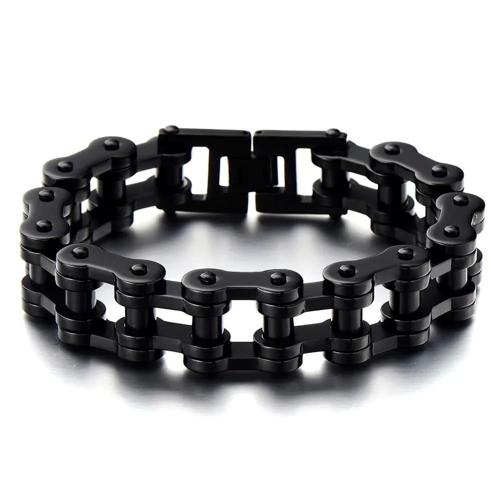 COOLSTEELANDBEYOND Masculine Mens Black Bike Chain Bracelet of Stainless Steel High Polished | Durable, polished finish, 23.5cm long, 146.8g weight
