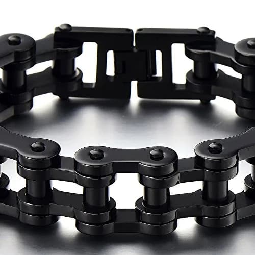 COOLSTEELANDBEYOND Masculine Mens Black Bike Chain Bracelet of Stainless Steel High Polished | Durable, polished finish, 23.5cm long, 146.8g weight thumbnail 2