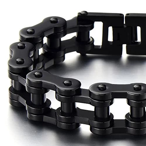 COOLSTEELANDBEYOND Masculine Mens Black Bike Chain Bracelet of Stainless Steel High Polished | Durable, polished finish, 23.5cm long, 146.8g weight thumbnail 3