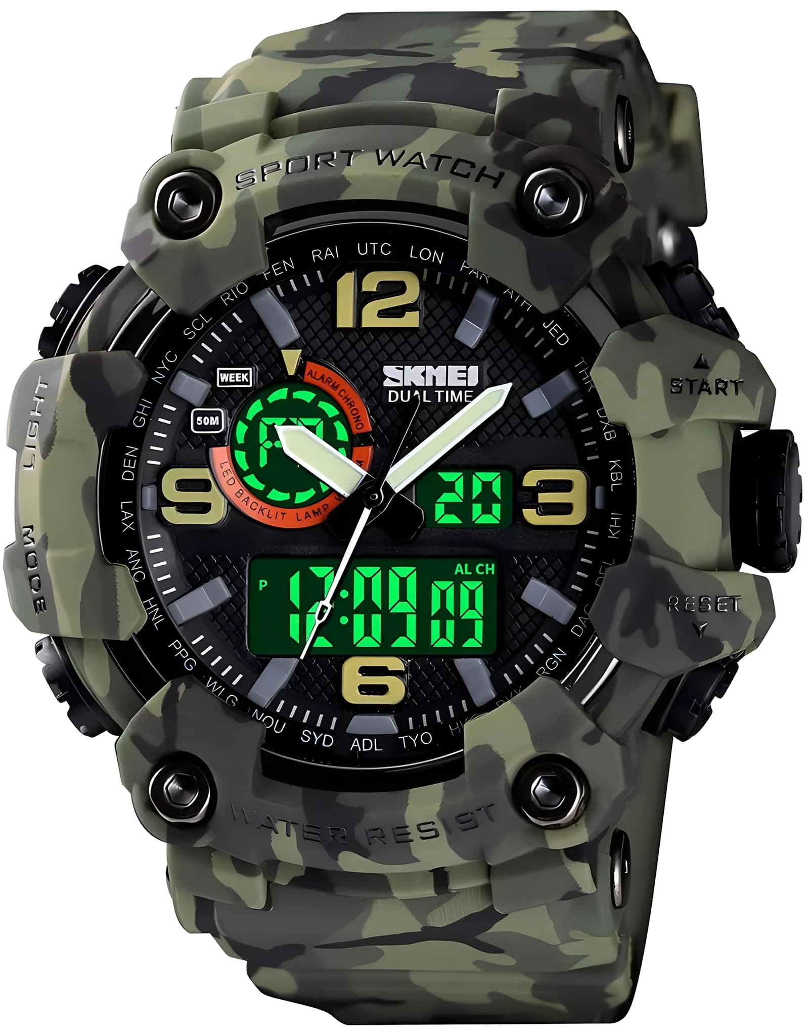Gosasa Men's Large Face Outdoor Sports Watch 56mm (2.2in) | Dual Time Analog-Digital Display — A _1520_camouflage&green