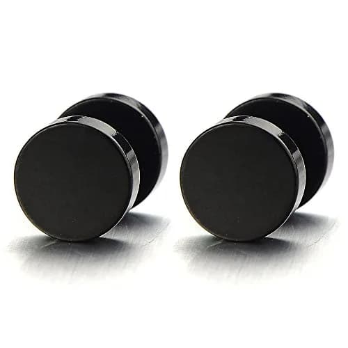 COOLSTEELANDBEYOND Black Fake Plug Earrings for Men Women | Stainless Steel Faux Gauge Stud Earrings 12MM thumbnail 1