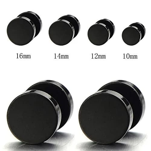 COOLSTEELANDBEYOND Black Fake Plug Earrings for Men Women | Stainless Steel Faux Gauge Stud Earrings 12MM thumbnail 2