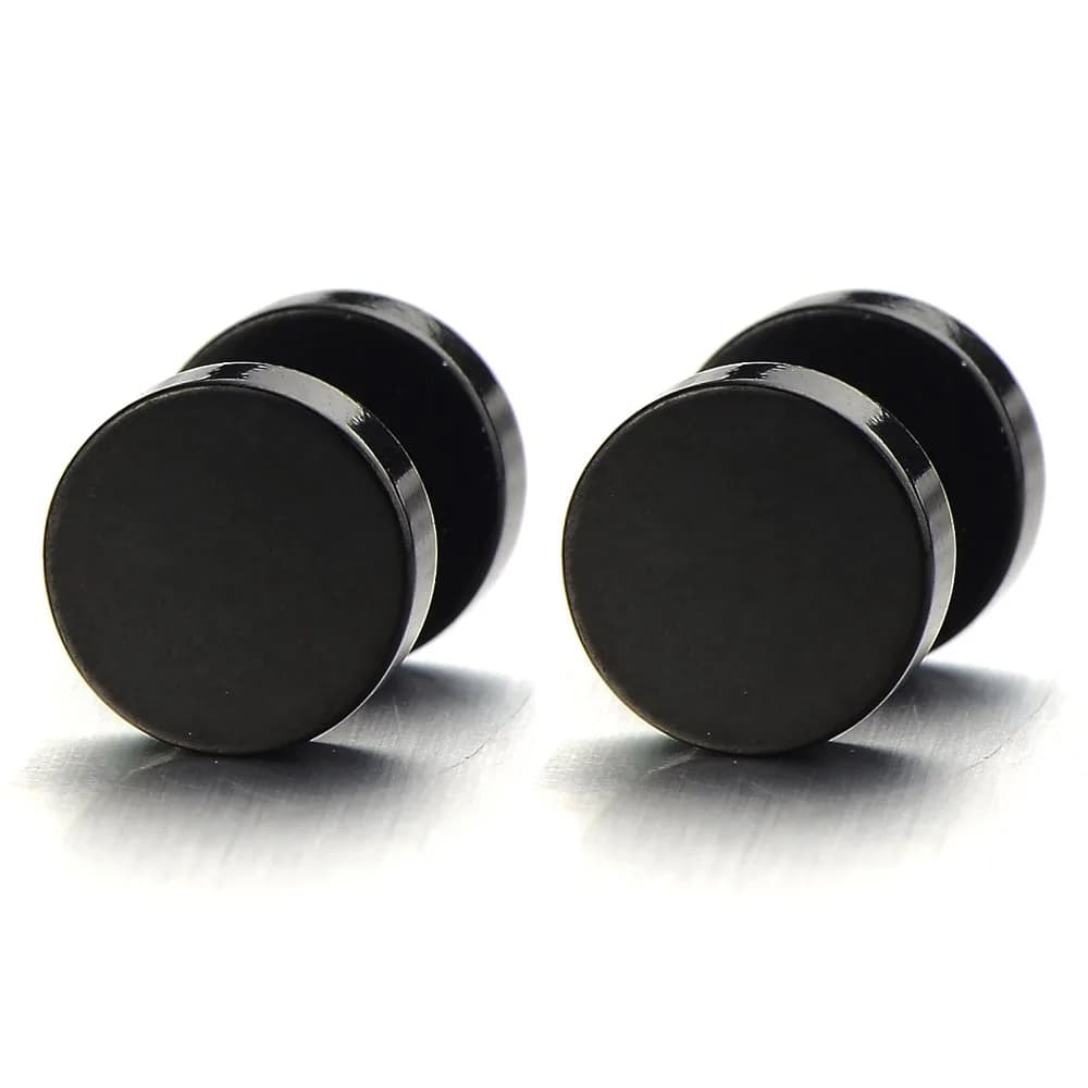 COOLSTEELANDBEYOND Black Stainless Steel Faux Gauge Stud Earrings 14mm (0.55 in) | Edgy Look for Men & Women