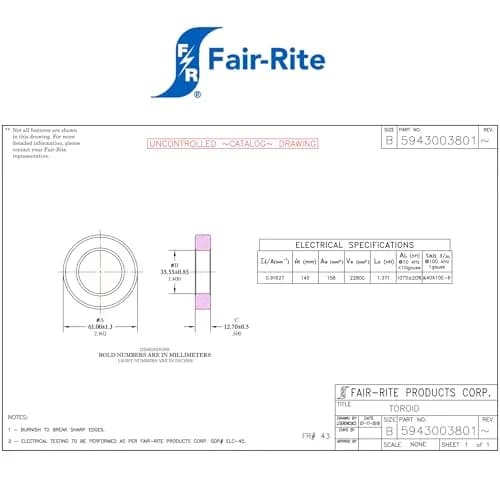 Fair-Rite Toroid Core FT240-43 Ferrite | Wideband, RFI Suppression, 2.40 inch OD thumbnail 2