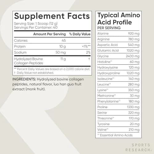 Sports Research Vanilla Collagen Peptides Protein Powder 480g (16.93oz) | 11g Type I & III Collagen per Scoop for Hair, Skin & Joints thumbnail 5