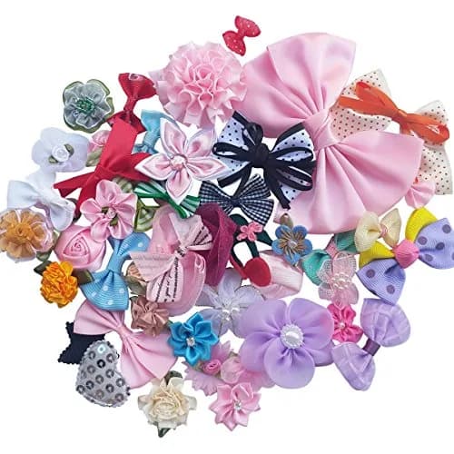 Chenkou Craft Mix Bulk 50pcs Ribbon Flowers Bows Craft Wedding Ornament Appliques | Satin, Mix, 14x1cm thumbnail 3