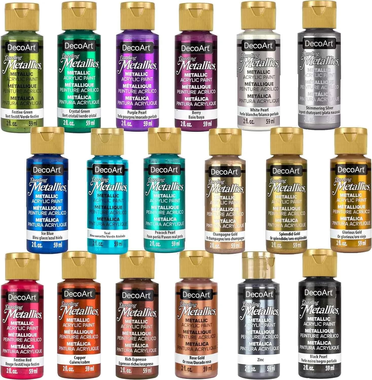 DecoArt Americana Acrylics Dazzling Metallics Paint Set 18 Colors 2 fl oz (50ml) Bottles | Non-Toxic Water-Based Craft Paint — Assortment